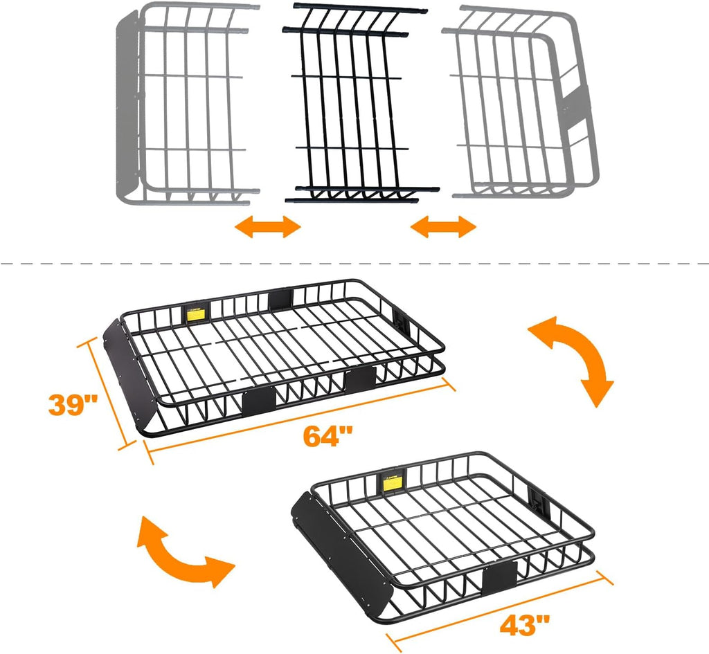 XCAR Roof Rack Basket Rooftop Cargo Carrier with Extension Black Car Top Luggage Holder 64"x 39" Universal for SUV Cars