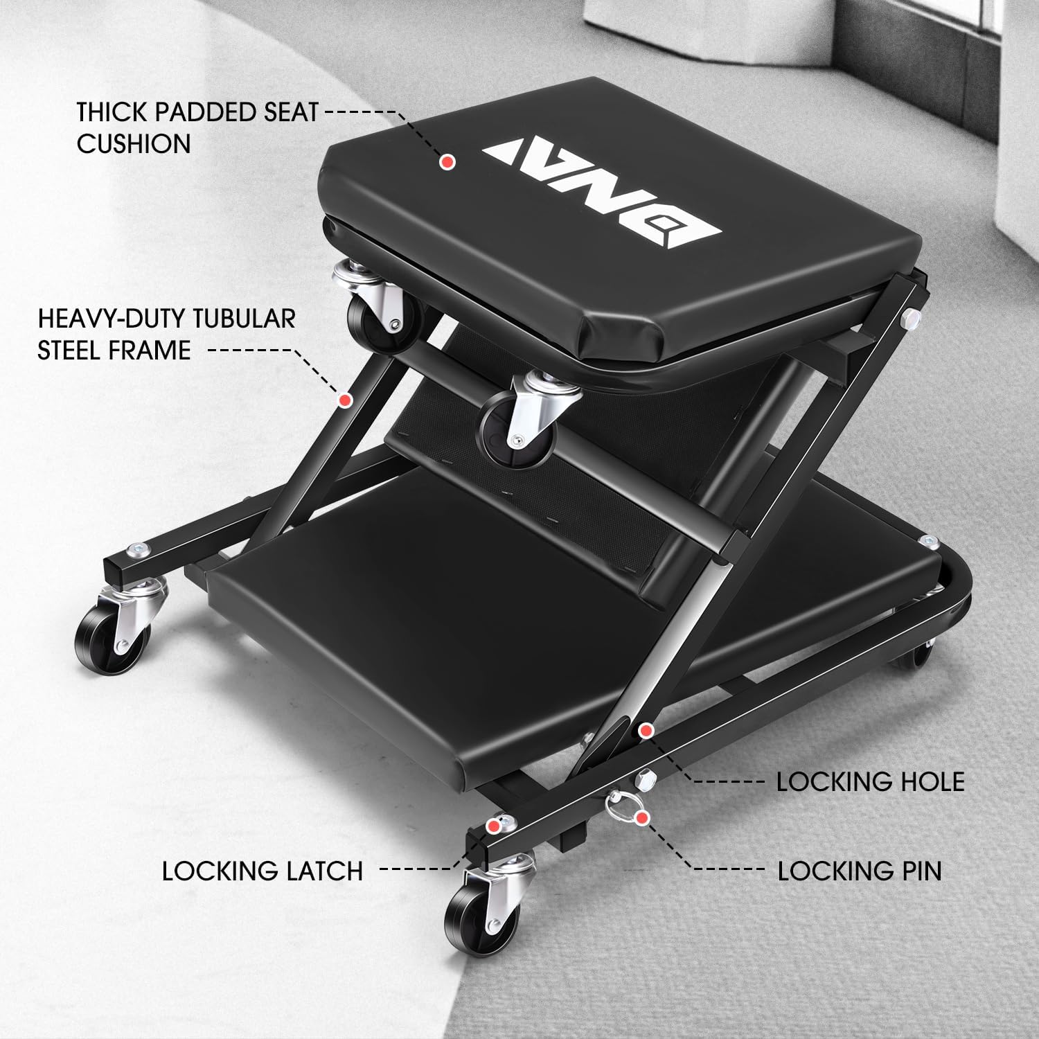 DNA MOTORING 36 Inches Folding 2 in 1 Rolling Z Creeper, Adjustable Roller Garage Chair Lay Down or Sit, 6 Pcs Casters, 330 LBS / 150kg Weight Capacity, Black, TOOLS-00493