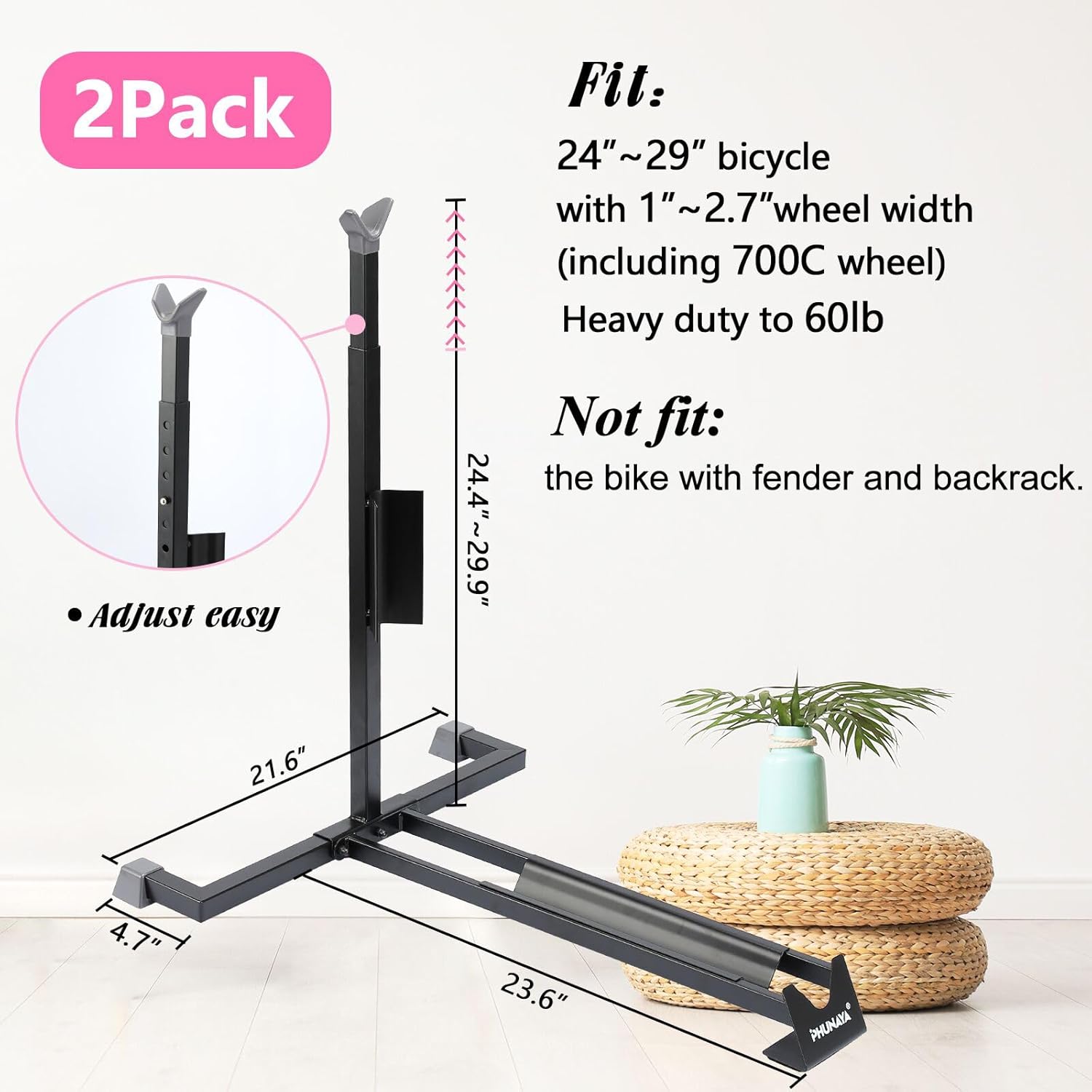 Bike Stand,Vertical Bike Rack For Indoor Bike Storage,Upright Bicycle Stand Floor.Heavy Duty Bike Holder With PVC Coating.Suit 24"-29" MTB,Hybrid and Road Bike,Patent Application. (2 Pack)