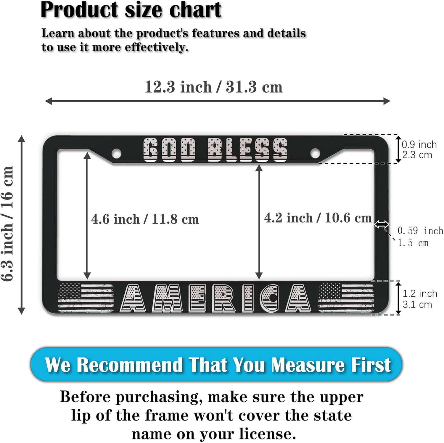 License Plate Frames Black and White License Plate Frame God Bless America Aluminum Metal Car Accessory 2 Pack with Screw Covers Set