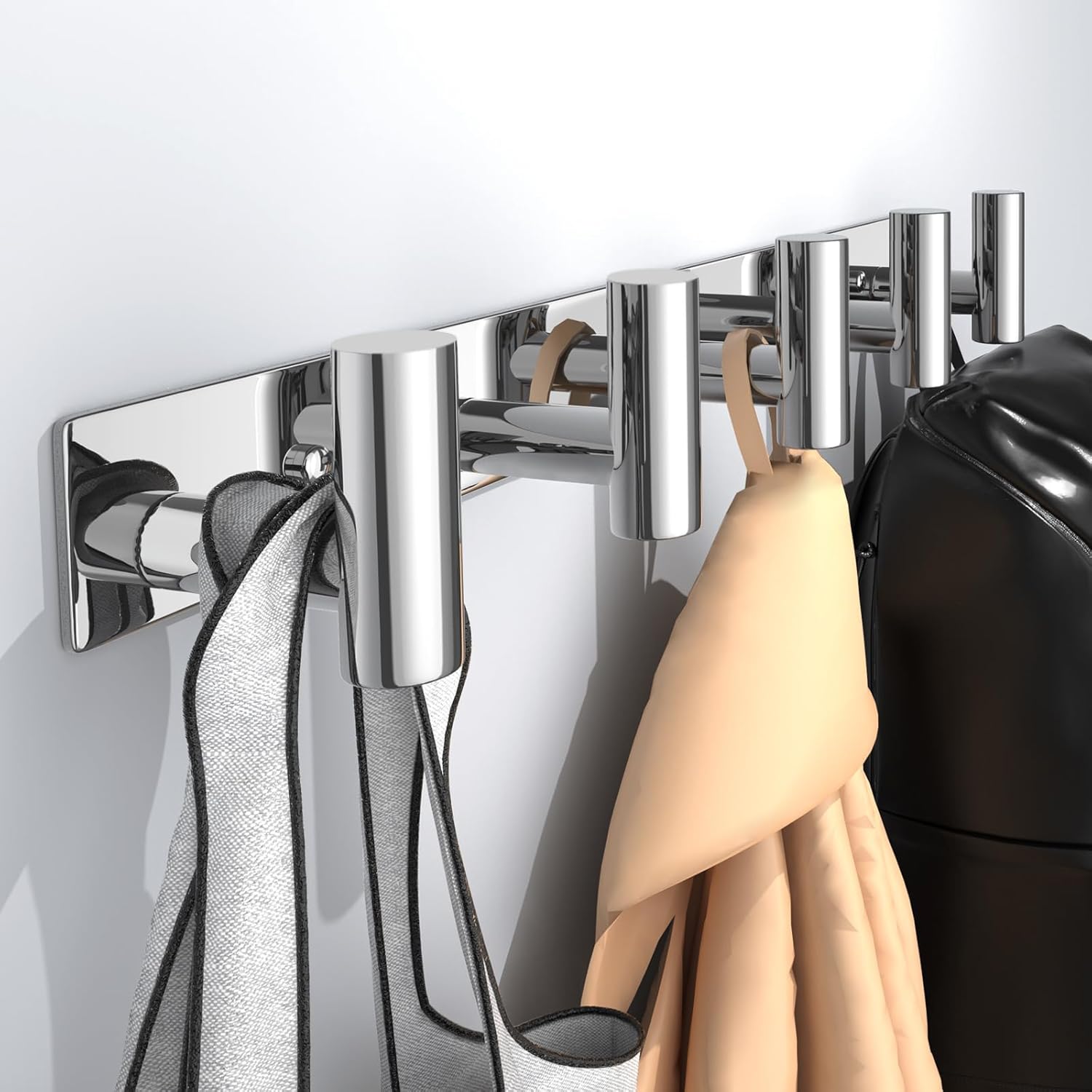 Wall Mounted Coat Rack-5 Hooks, Heavy Duty Stainless Steel Hook Rail for Towel Coat Hat Purse Bag Jacket, Towel Hooks for Entryway Bathroom Kitchen (Glossy 5 Hooks - 1 Pack)
