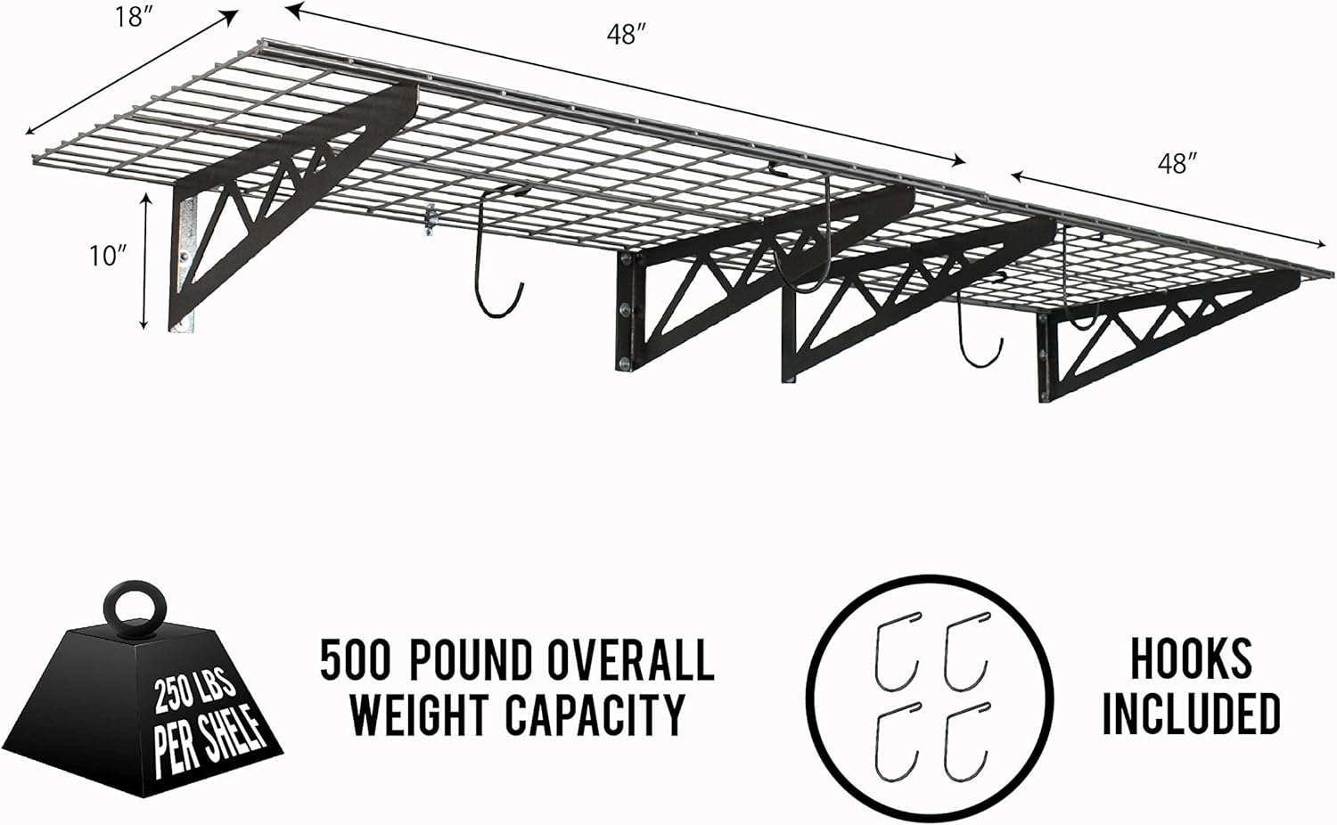 SafeRacks Wall Shelves - 4 Pk 24"x48" Wall Mountable Shelving Unit for Storage Rack, Pantry Shelves, Utility Shelving, Heavy Duty Shelves w/8 Accessory Hooks, 500lbs Capacity, Hammertone