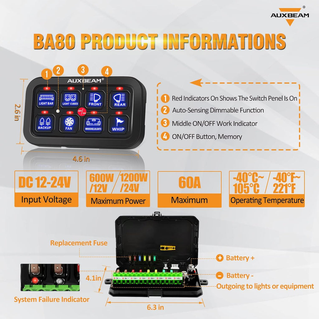 Auxbeam 8 Gang Switch Panel BA80, Universal Circuit Control Relay System Box with Automatic Dimmable On-Off LED Switch Pod Touch Switch Box for Car Pickup Truck Boat UTV ATV, Blue 2 Years Warranty