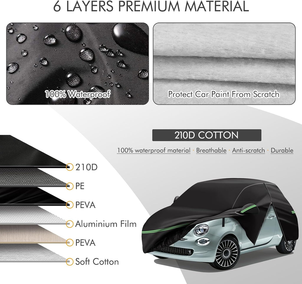 Replace for 2007-2023 Fiat 500/500C Car Cover 210D Outdoor Waterproof UV Snow Rain Protection, with Cotton Layer, Zipper Door, Reflective Strip, Storage Bag, for Abarth Turbo Sport Lounge Pop