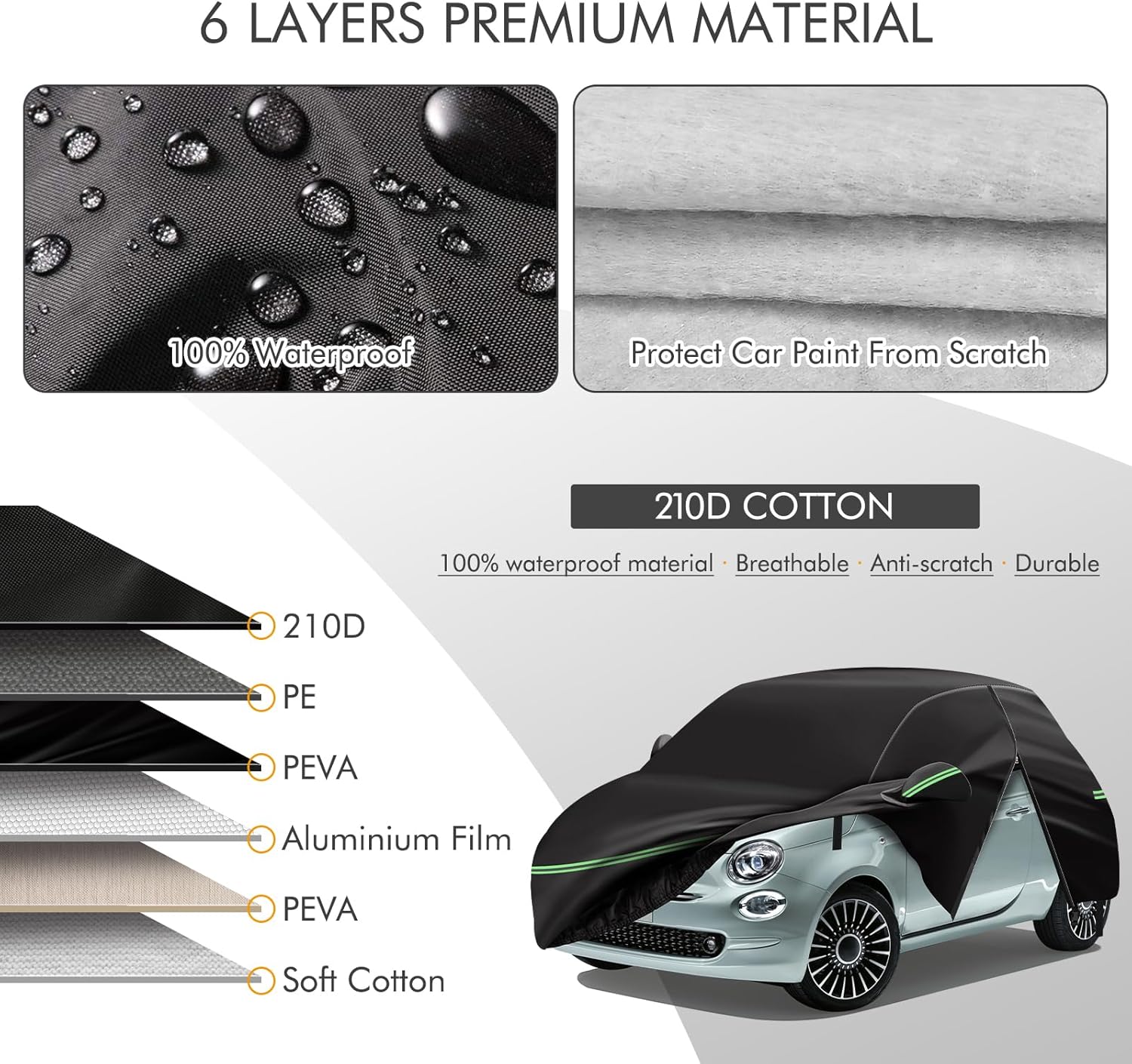 Replace for 2007-2023 Fiat 500/500C Car Cover 210D Outdoor Waterproof UV Snow Rain Protection, with Cotton Layer, Zipper Door, Reflective Strip, Storage Bag, for Abarth Turbo Sport Lounge Pop