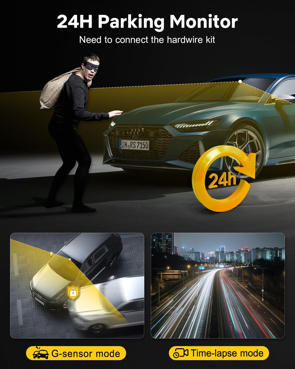 GKU Dash Cam Front and Rear, 3.18'' Touchscreen, 4K+1080P Dashcam, Built-in GPS, 5.8GHz WiFi Dash Camera for Cars with 24H Parking Monitor, Night Vision, WDR, Supports 512GB Max