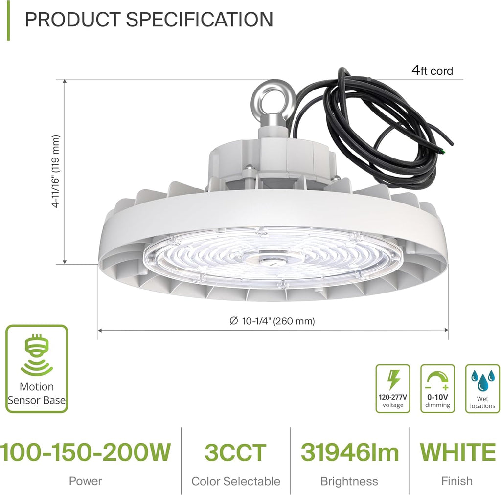 ASD LED High Bay UFO Light Fixture, Commercial Shop Lighting | 3CCT, Dimmable, IP69K Waterproof, DLC Premium, UL Listed | 200W 31900LM 3000-5000K 100-277V | Warehouse, Garage, Workshop Lamp | White