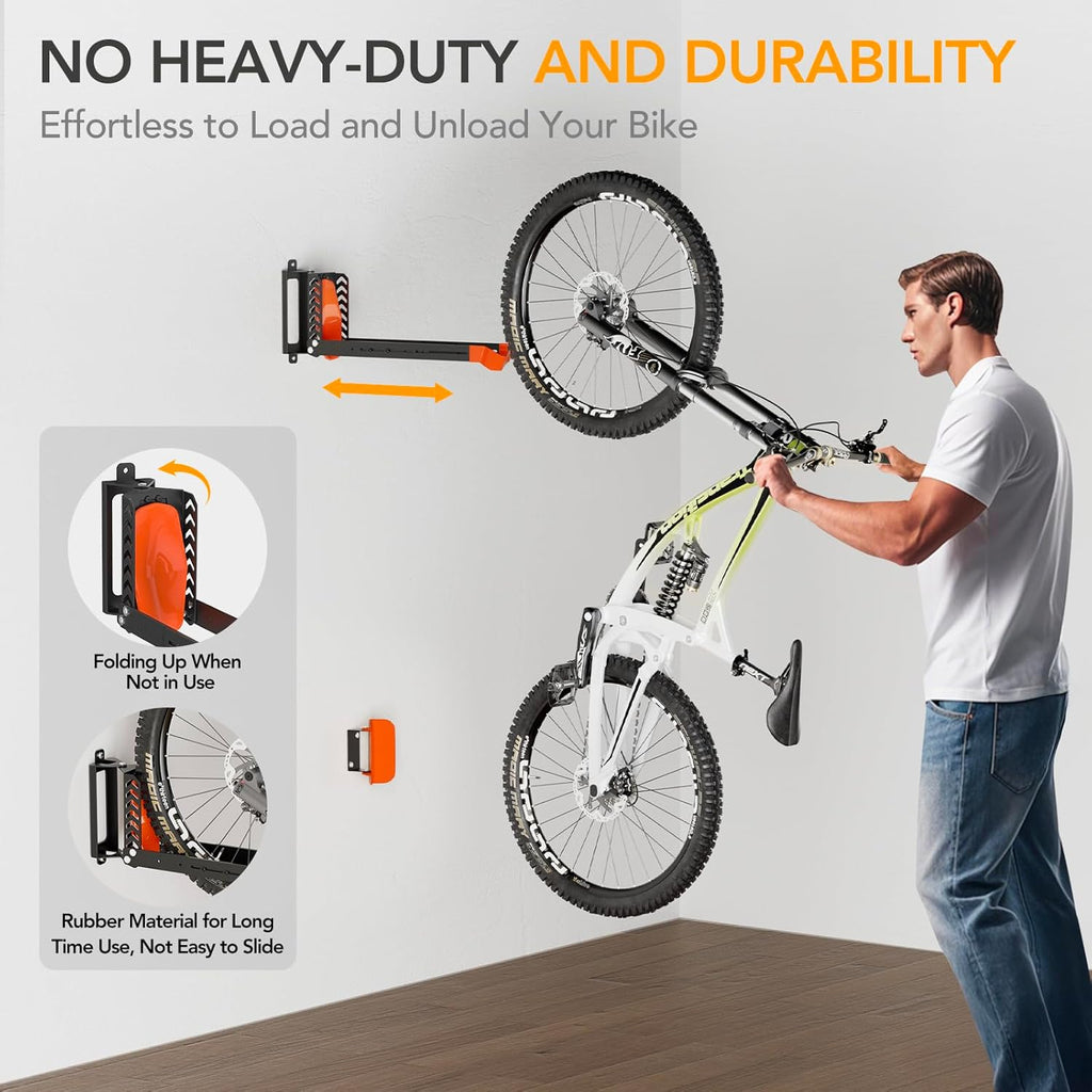 2-Pack Swivel Bike Rack Wall Mount, Bike Hangers for Garage, Space-Saving Vertical Bike Holder, Holds up to 77 lbs, Bicycle Wall Hanger Storage, No Heavy Lifting Required Indoor Hanging Bike Rack