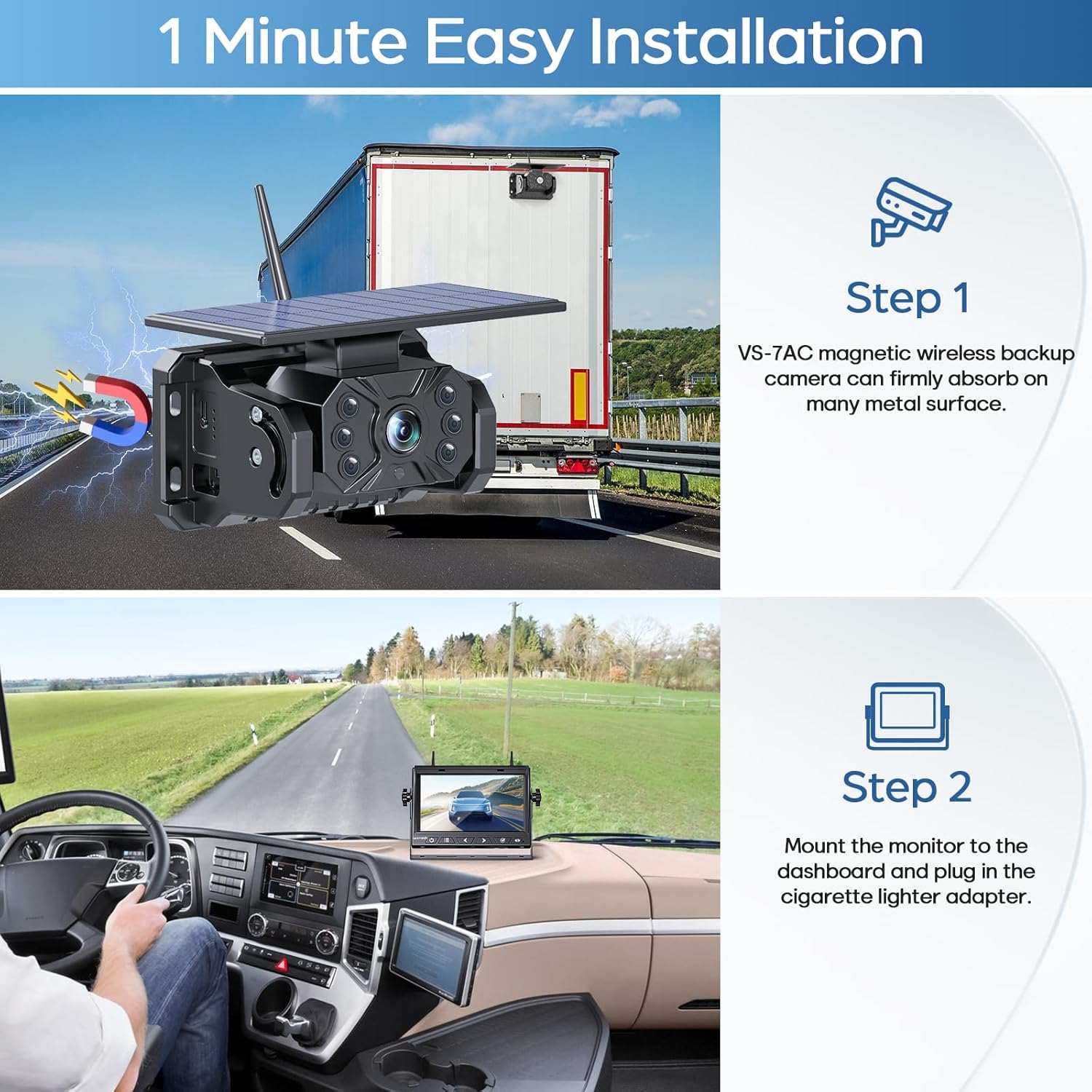 2 Magnetic Solar Wireless Backup Camera Built-in 10000mAh Battery & Solar Panel HD1080P 7" DVR Monitor 1Min DIY Installation Rechargeable Reverse Camera System for Hitch Towing Travel RV 5th Wheel