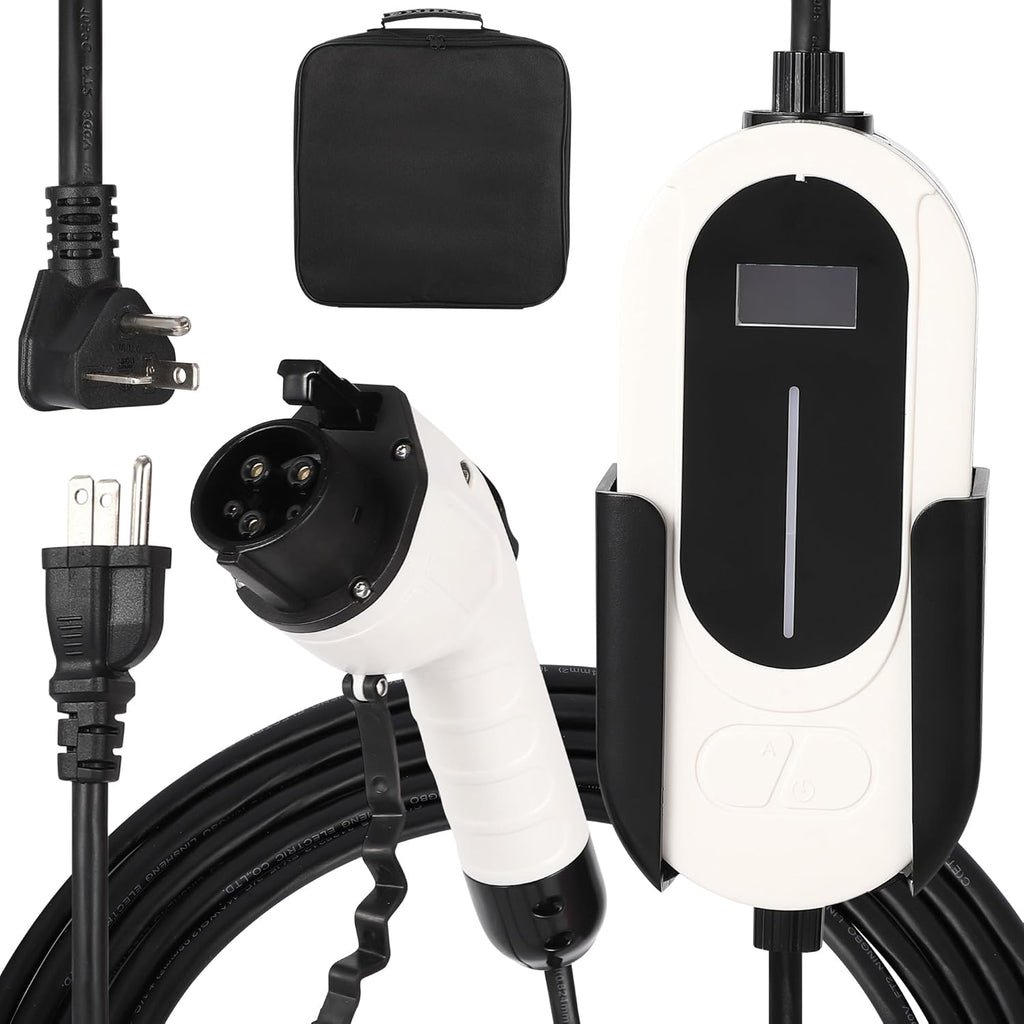 Level 1&2 EV Charger, 16A 110-240V Dual Voltage, NEMA 6-20 & 5-15 Plug, 25ft Cable, Adjustable Current/Delay Timer, SAE J1772 Listed Portable Electric Car Charger for Indoor/Outdoor Use