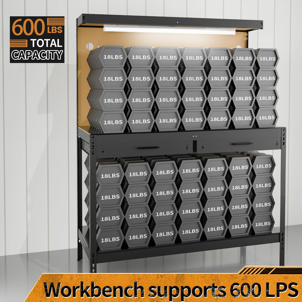 Work Bench, Work Benches for Garage, Work Table, A3 Steel 600LBS Capacity Workbench for Garage Tool Storage Workshop Basement, Tool Table Bench