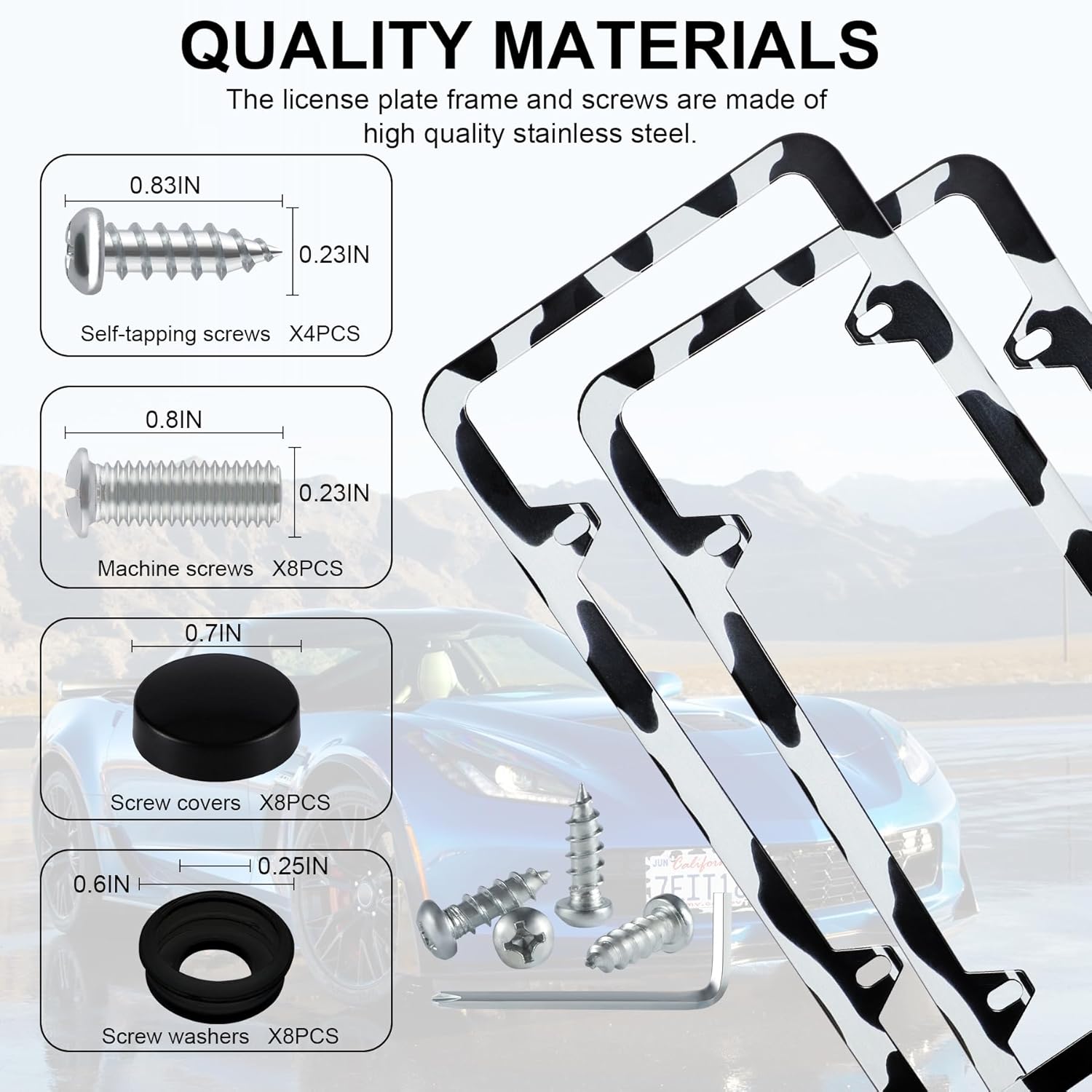 LivTee 4 Holes Stainless Steel License Plate Frames, 2 PCS Car Licence Plate Covers, Automotive Exterior Accessories Slim Design with Bolts Washer Caps for US Vehicles, Cow Spot