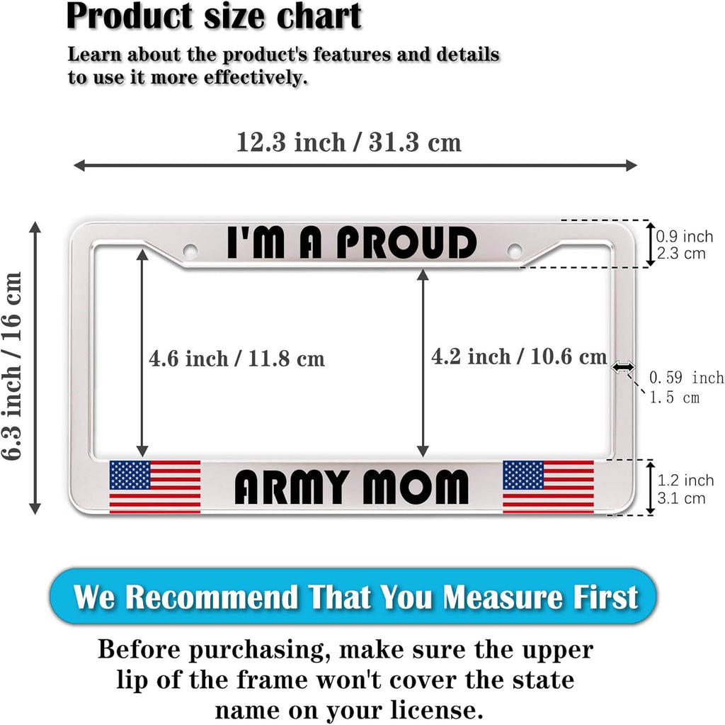 License Plate Frame Holder Black and White License Plate Frames I’m a Proud Army Mom Universal Aluminum Car Accessory 2 Pack with Screw Covers Set