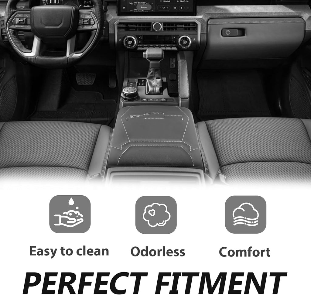 Muslogy Center Console Armrest Cover Compatible with 2024 Toyota Tacoma 2025+ 4Runner Accessories Armrest Lid Protector Vegan Leather Cushion Regular Thick(Black/Gray Stitching)