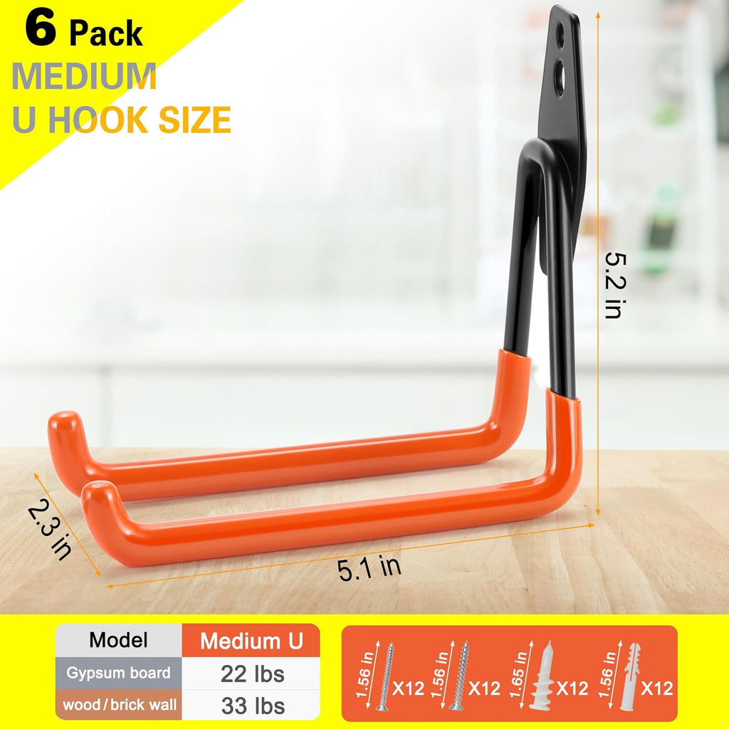 6 Pack Garage Hooks Heavy Duty Storage Organizer Wall Mount Power and Garden Tool Hangers, for Hanging Ladders, Ropes, Hose, Bulk Items