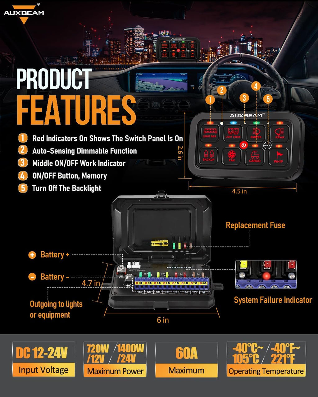 Auxbeam 8 Gang Switch Panel RA80 Toggle Momentary Pulsed RGB Dimmable Multifunction Switch Panel Easy Installation Marine Switch Pod IP65 Waterproof for Car Boat RV, 2 Years Warranty