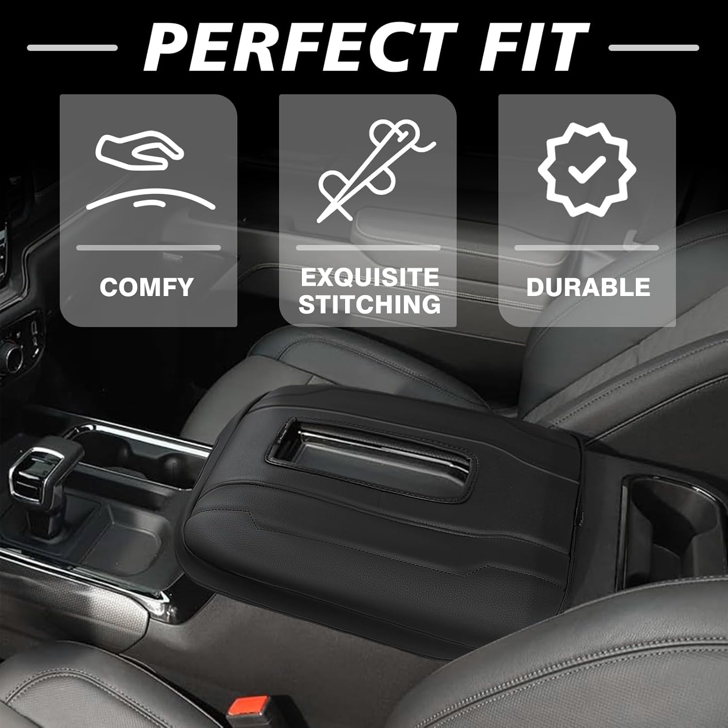 Muslogy Center Console Armrest Cover Compatible with Chevy Silverado & GMC Sierra 1500 2500 3500 2022-2025 Comfort Armrest Pad Arm Rest Cushion Vegan Leather Protector Regular Thick(Bucket Seat ONLY)