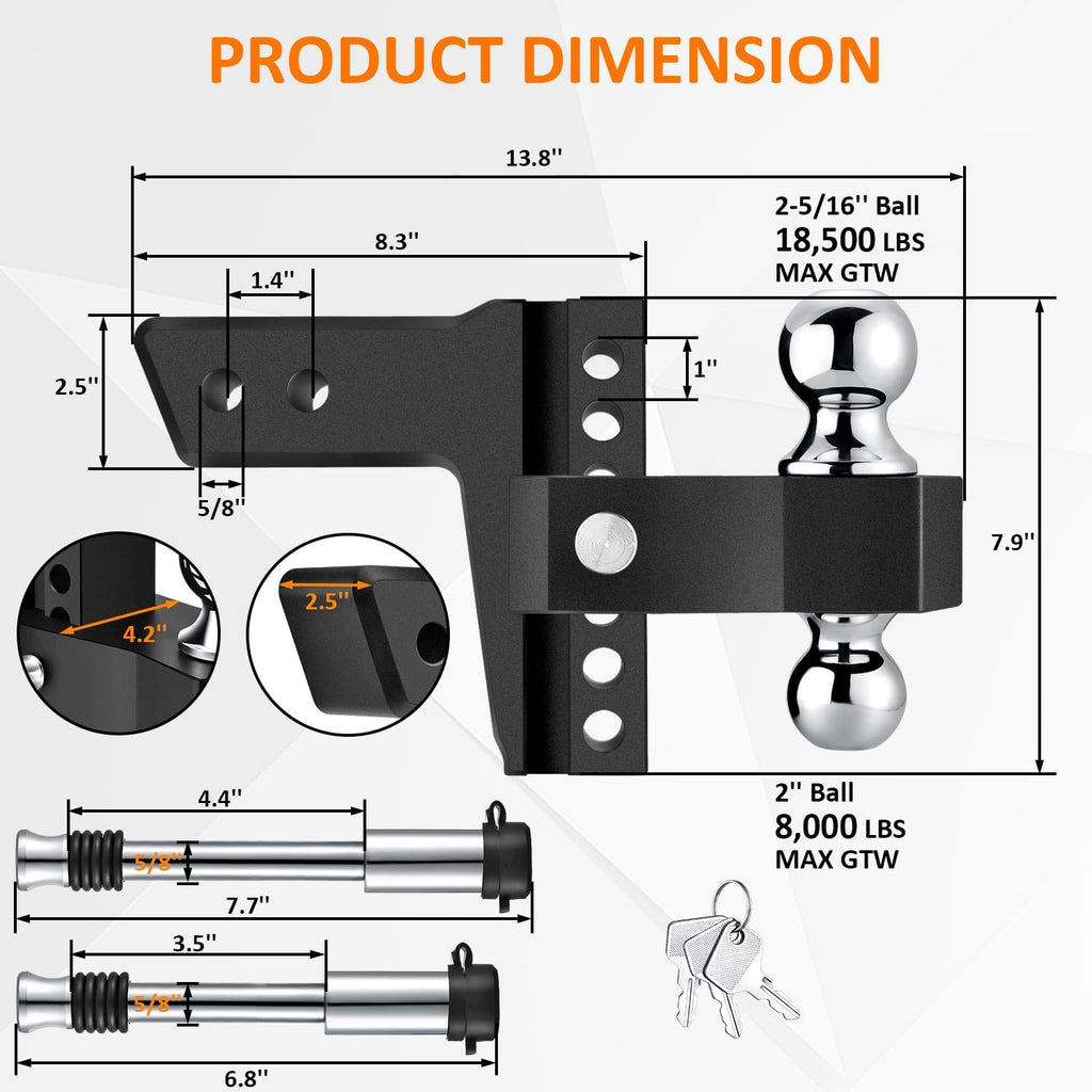 Adjustable Trailer Hitch-Drop Hitch Fits 2.5-Inch Receiver -6" Drop/Rise Tow Hitch with 2" and 2-5/16" Tow Balls-18,500GTW with Double Anti-Theft Pins Locks, Black
