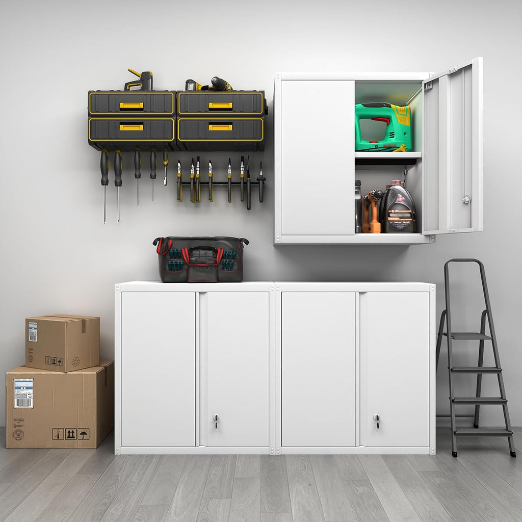 GREATMEET Metal Wall Cabinet, Wall Mounted Storage Cabinet with Lock for Garage Storage, White Floating Cabinet with Doors and Adjustable Shelf for Utility Room