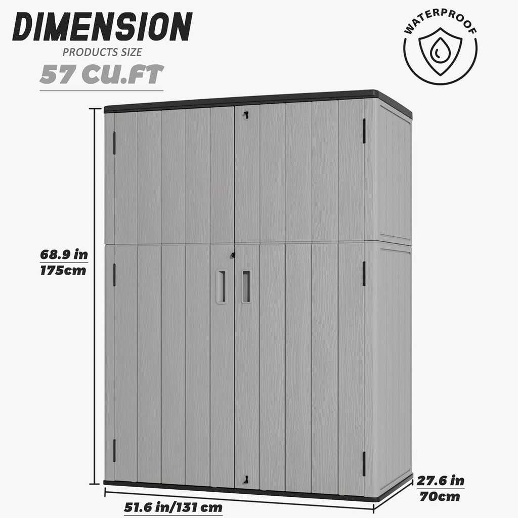 Outdoor Storage Shed Waterproof,Resin Storage Sheds Outdoor with Floor,Outdoor Storage Cabinet for Garage Storage, Pool Storage, Bike, Garden (57Cu.ft)