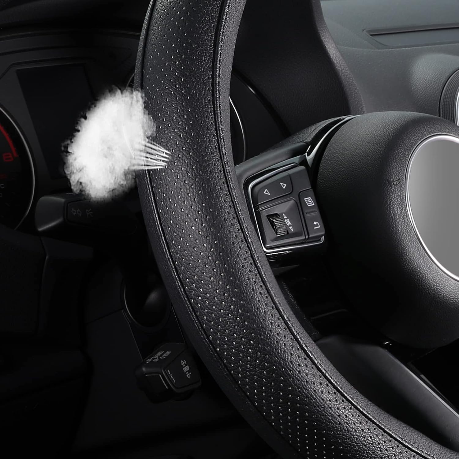SEG Direct Car Steering Wheel Cover for F-150 Tundra Range Rover Large Size 15.5-16 inch (39.5-41cm) Black Breathable Microfiber Leather