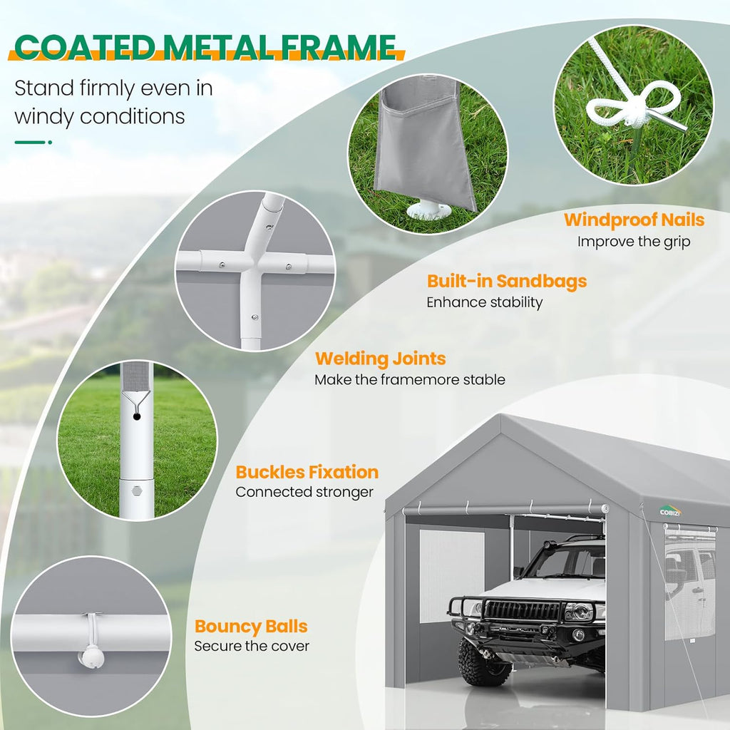 COBIZI Carport Canopy 12x20 Heavy Duty Portable Garage with Removable Sidewalls & Doors, Galvanized Frame Car Port Canopy Tent Waterproof with Built-in Sandbags for Car Boat Truck, Gray