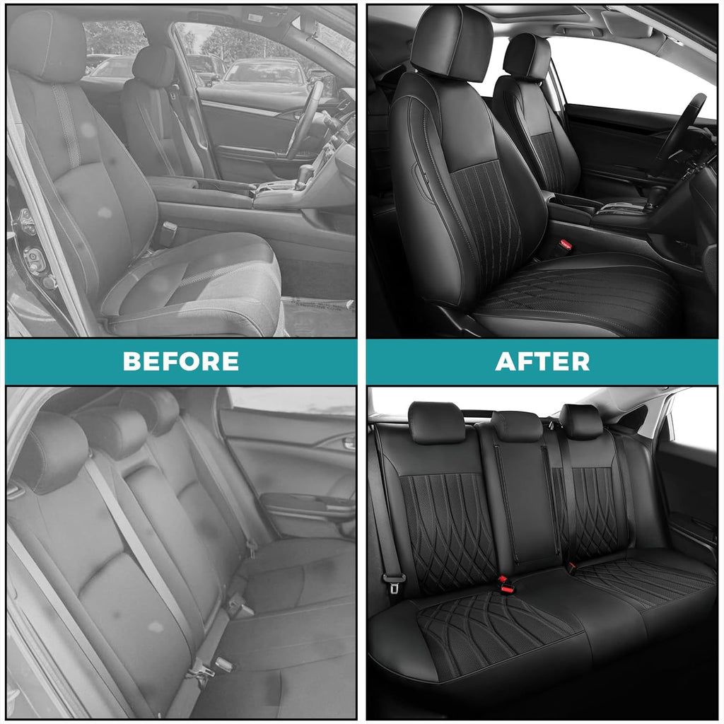 Seat Covers for Honda Civic Sedan EX-L, EX-T, EX, Touring, LX-P, Sport 2016 2017 2018 2019 2020 2021, Faux Leather Car Seats Cover Full Set(Rear Row 40/60 Split & Folding Backrest)-Black