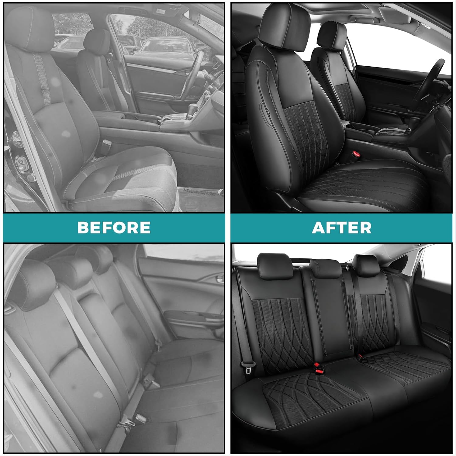 Seat Covers for Honda Civic Sedan EX-L, EX-T, EX, Touring, LX-P, Sport 2016 2017 2018 2019 2020 2021, Faux Leather Car Seats Cover Full Set(Rear Row 40/60 Split & Folding Backrest)-Black