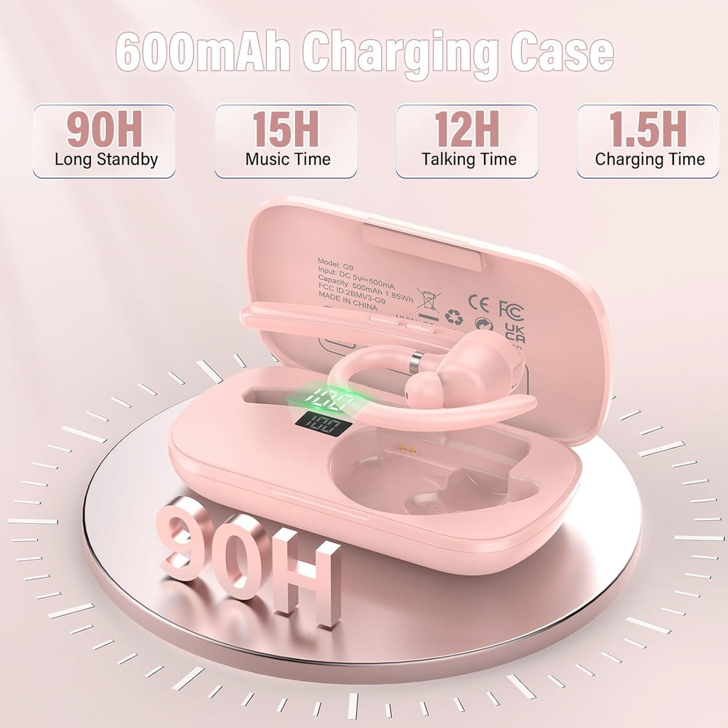 Bluetooth Headset, Wireless Bluetooth 5.3 Earpiece, 90Hrs Hands Free Headset with APTX HD Audio & Mute Button, Dual Noise Cancelling Mics, Single-Ear Headphone for Trucker/Business/Gym/Pink