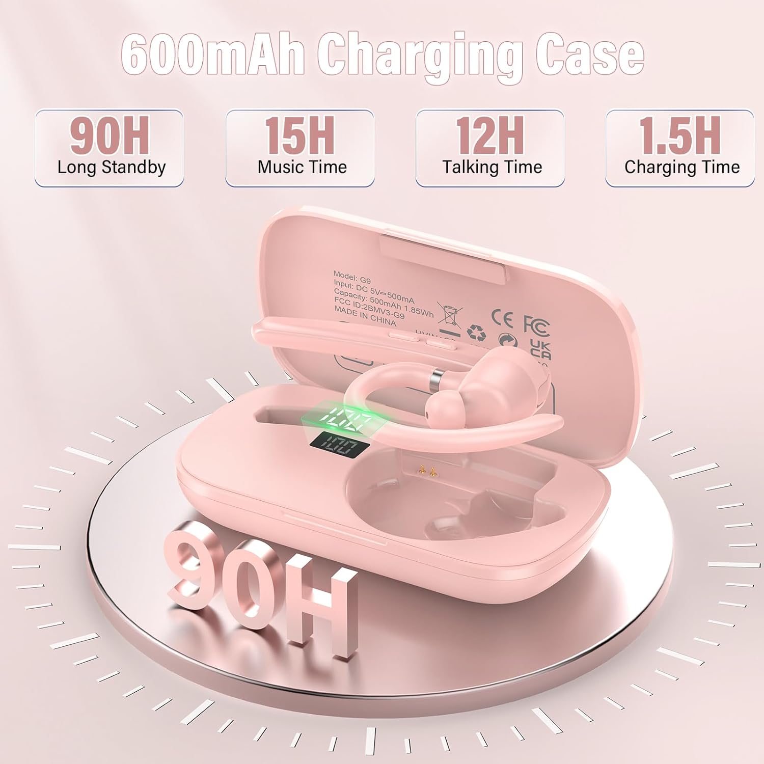 Bluetooth Headset, Wireless Bluetooth 5.3 Earpiece, 90Hrs Hands Free Headset with APTX HD Audio & Mute Button, Dual Noise Cancelling Mics, Single-Ear Headphone for Trucker/Business/Gym/Pink