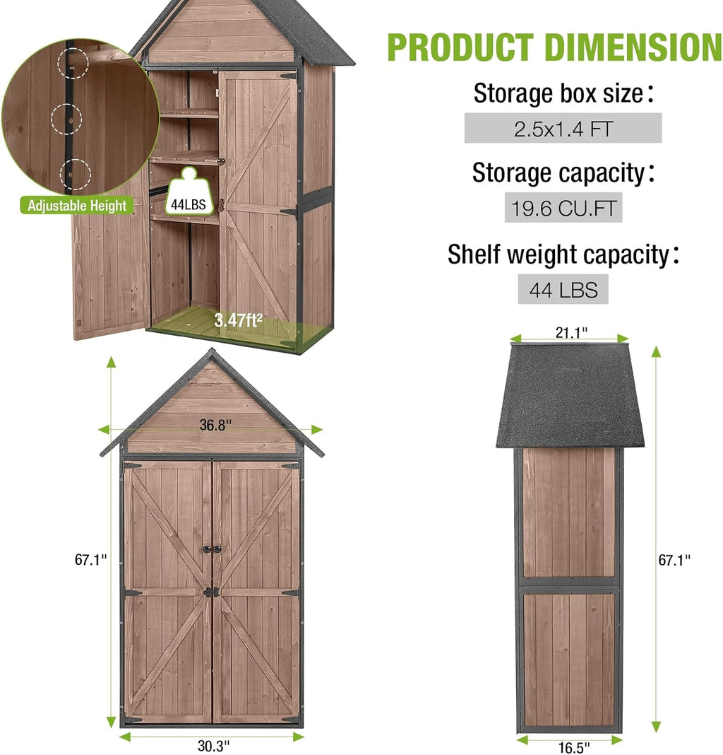 GUTINNEEN Sheds Outdoor Storage Wooden Garden Tool Shed with Metal Frame Sloped Roof and Adjustable 3 Tiers Shelves Outdoor Storage Cabinet for Backyard Garden Patio Lawn 67.1"(Dark Brown)