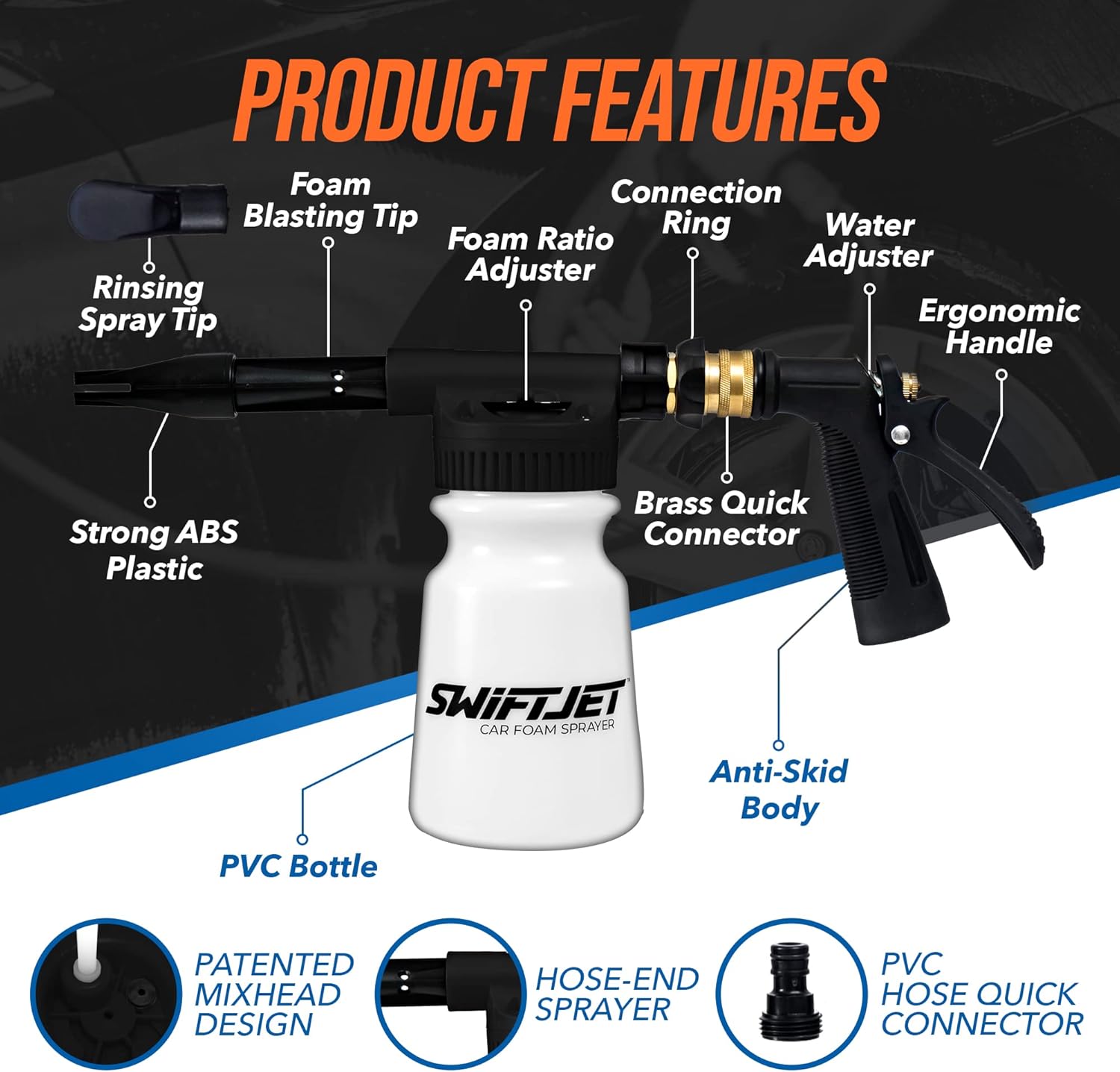 SwiftJet Car Wash Foam Sprayer Gun with Microfiber Wash Mit - Adjustable Water Pressure & Soap Ratio Dial - Foam Cannon Attaches to Any Garden Hose (Foam Sprayer with Wash Mit (Black))