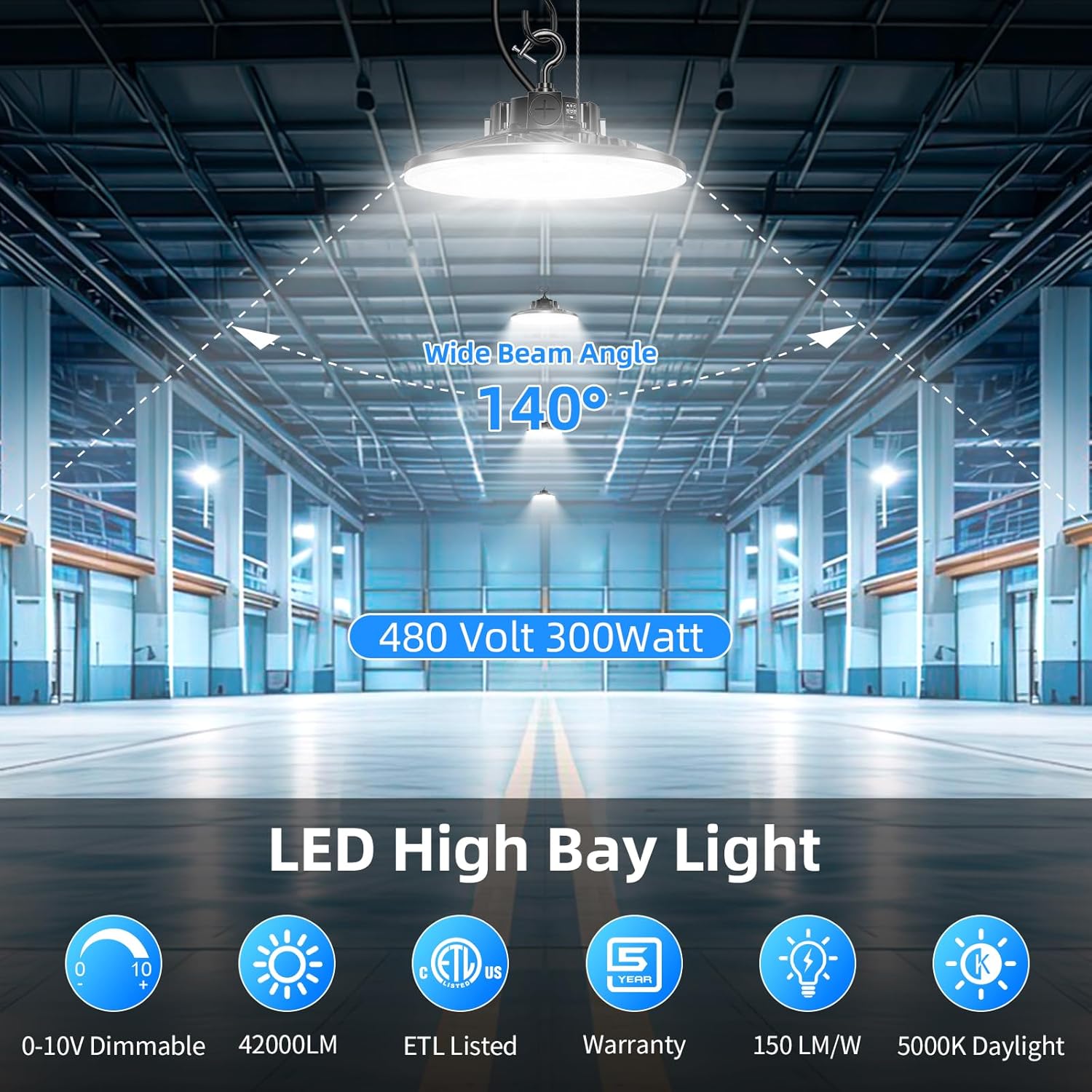 480V LED High Bay Light 300W 240W 200W Adjustable UFO Light 42000LM ETL DLC Listed Dimmable High Bay LED Shop Lights 5000K Daylight IP65 Waterproof Commercial Bay Lighting for Warehouse Factory