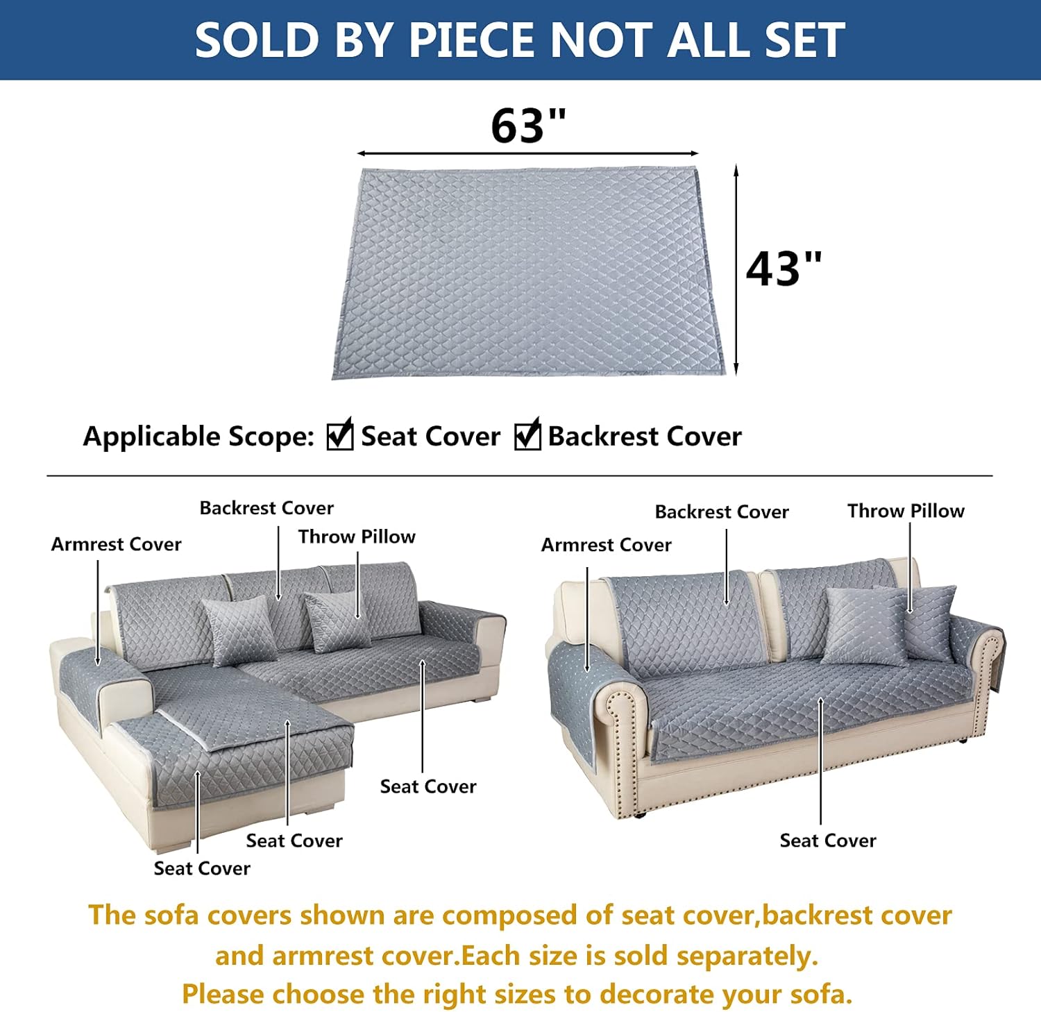 Eismodra Couch Cover,Sectional Couch Covers,Sofa Covers for 3 Cushion Couch,Anti-Slip Sofa Slipcovers for Dogs Cats Kids Loveseat Recliner L Shaped Armrest,Light Gray 43''x63''(Only 1 Piece)