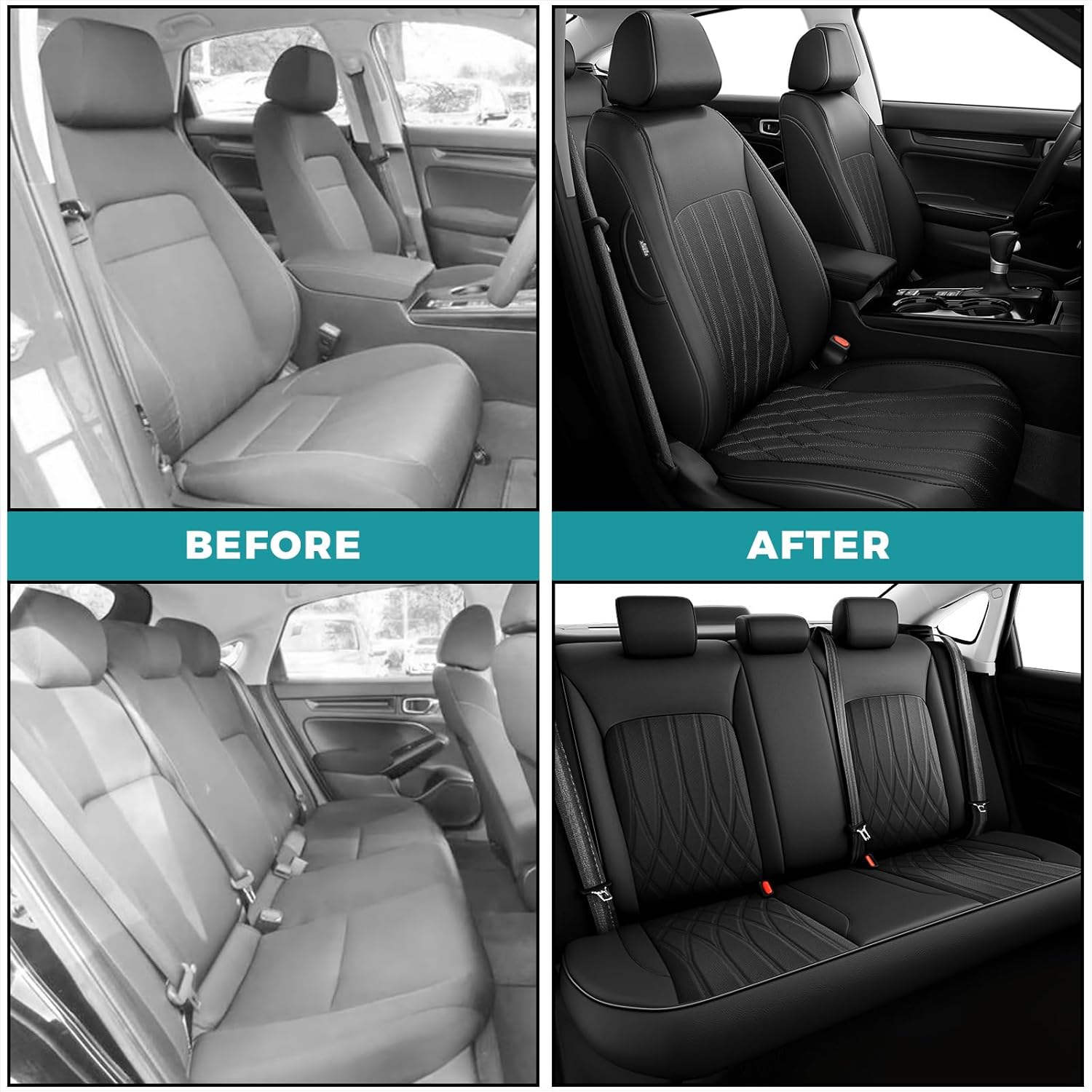 Seat Covers for Honda Civic Sedan 4DR Sedan LX 2022 2023 2024 2025.Faux Leather Car Seats Cover Full Set,(Rear Row Solid Folding Backrest)-Black