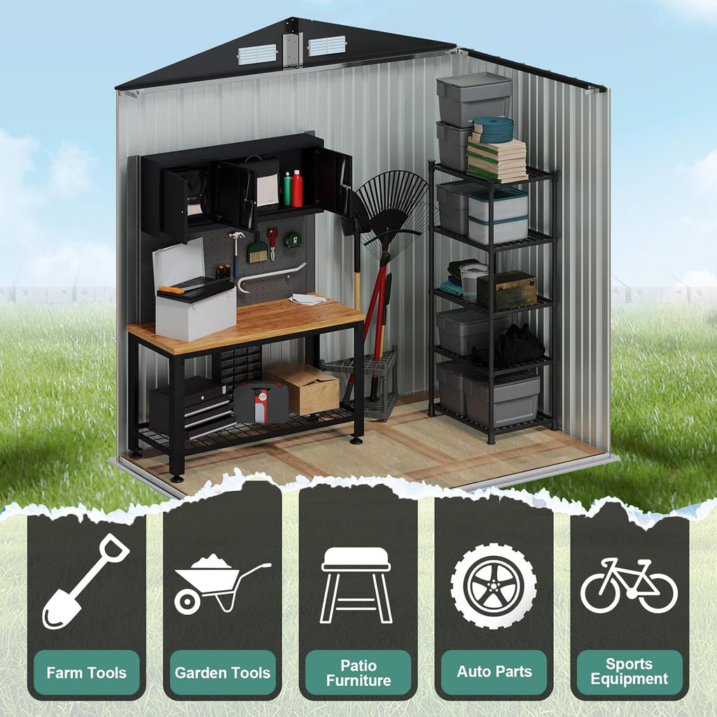 6x4 FT Outdoor Storage Shed with Lockable Double Doors & Loping Roof, Outdoor Metal Shed for Bike, Tool, Generator Storage in Backyard, Patio (6’x4’)
