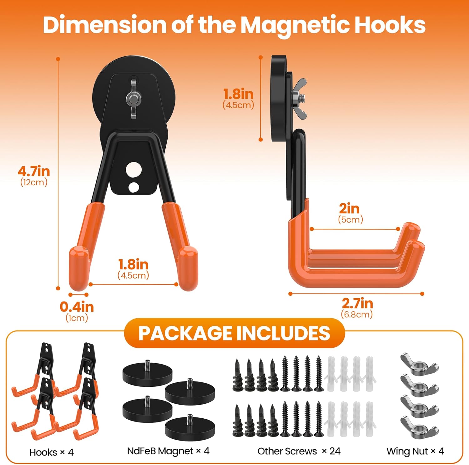 4 Pack Large Heavy Duty Magnetic Hook Extra Strong Magnetic Garage Hooks Big NdFeB Industrial Magnet Hooks Magnetic Utility Storage Holder Organization with Anti-Slip Coating for Hanging Garden Tool