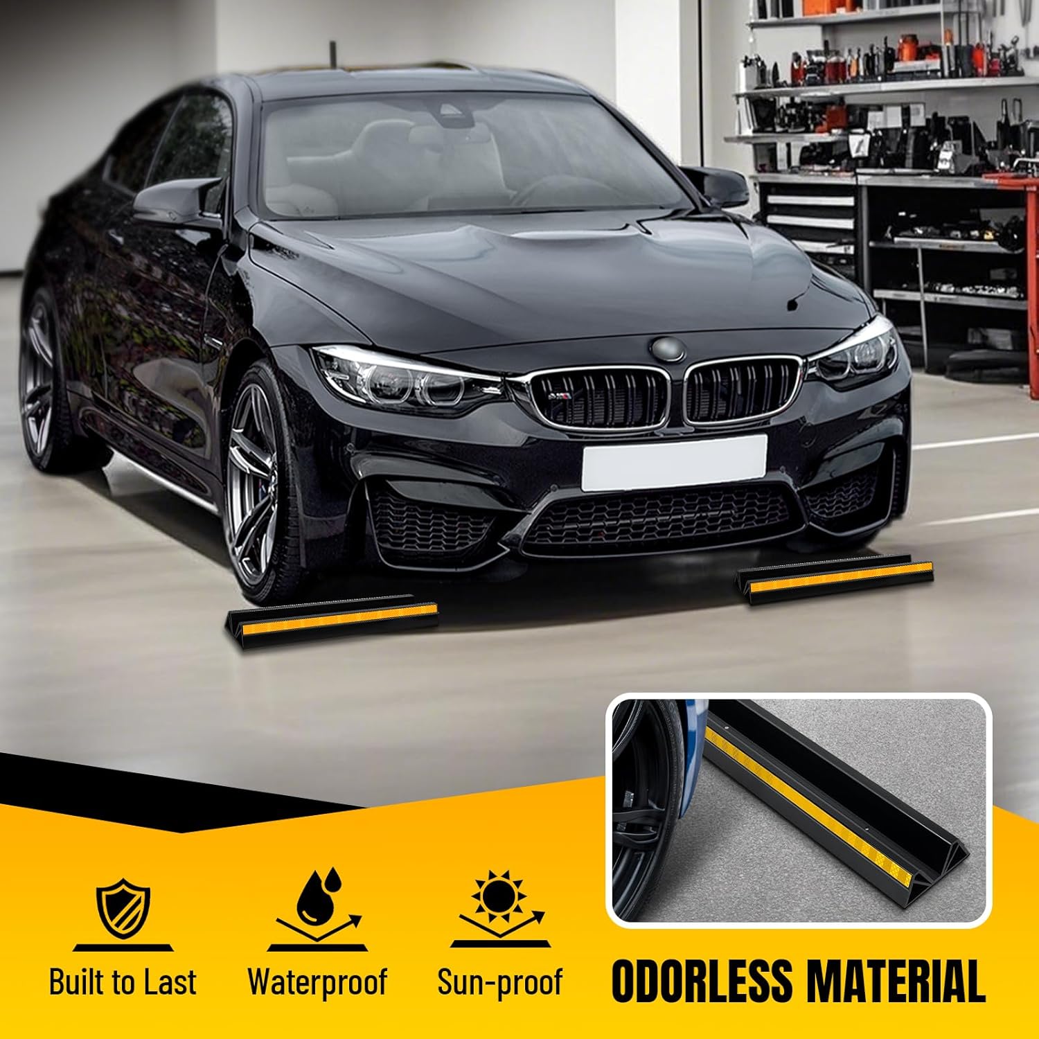 2 Pcs 18'' Parking Car Wheel Stopper for Garage with 2 Installation Methods, Heavy Duty Tire Stops with Reflective Tapes, Car Parking Aids for Garage, Easy to Install