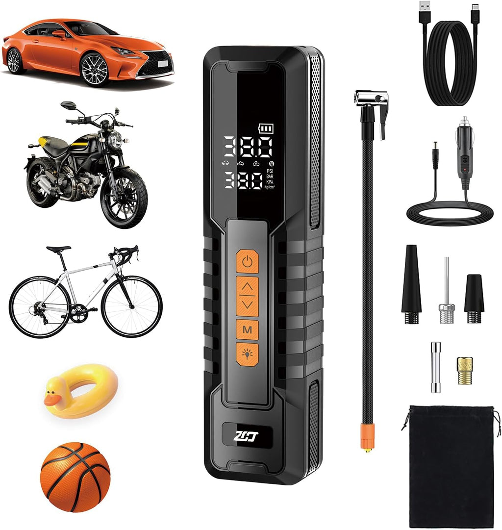 Tire Inflator Portable Air Compressor, Air Pump for Car Tires, Bike Pump, Portable Tire Inflator for Car, Motorcycle, Bicycle, Balls - 150PSI, 6000mAh Battery, LED Light Auto Shut-Off Function