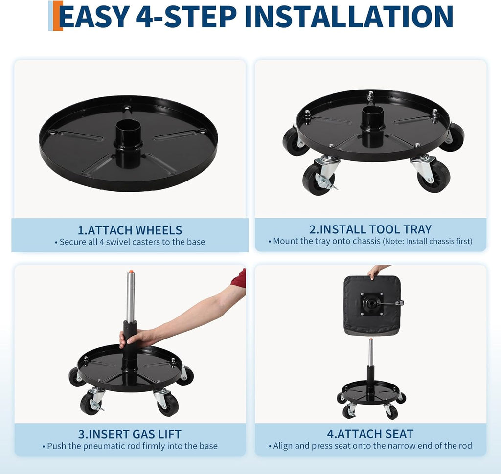 Garage Stool, 16”-21” Adjustable Rolling Mechanic Stool with Universal Wheels, Removable Magnetic Tool Tray, 300LBS Capacity, Roller Creeper Seat, Shop Chair