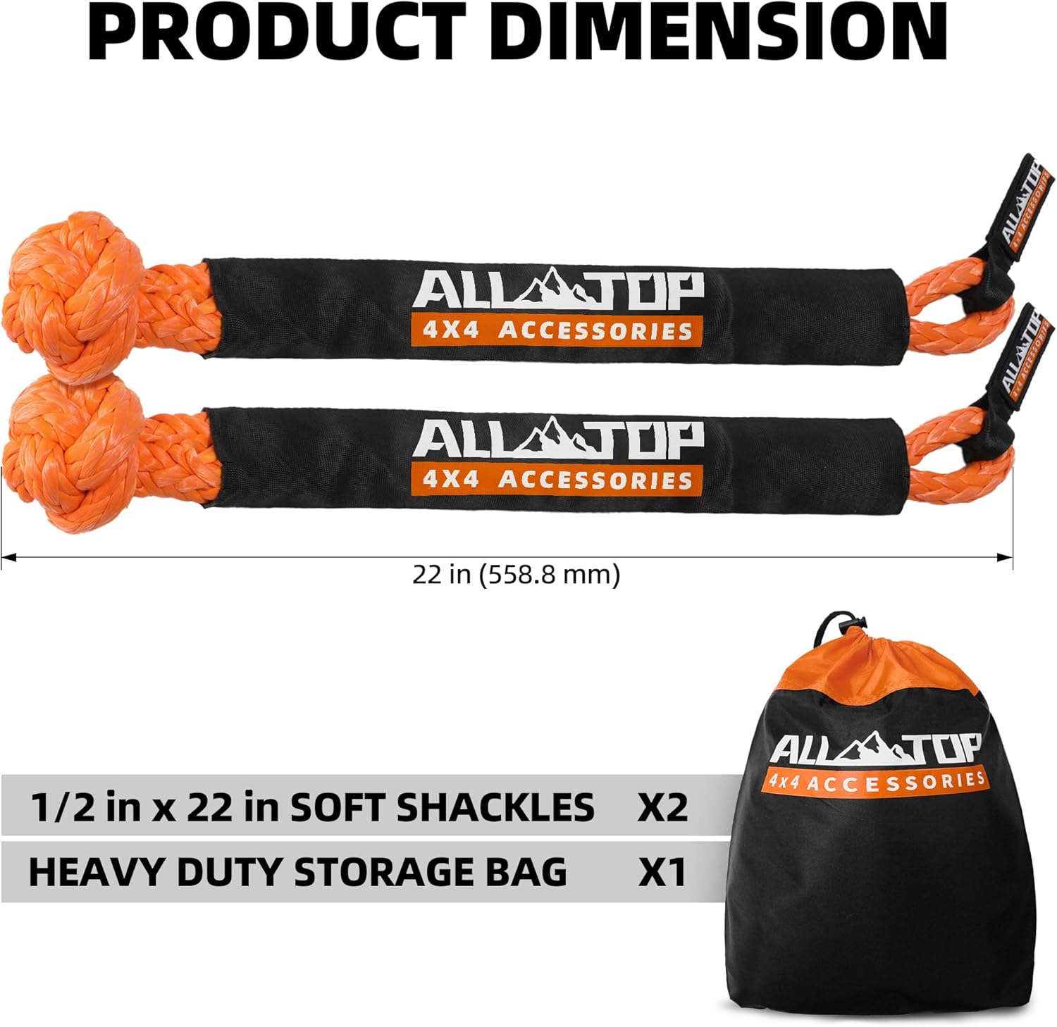 ALL-TOP Synthetic Soft Shackle Rope 1/2in x 22in (48300Lbs Max Break) UHMWPE Recovery Tow Shackles for Offroad 4x4 Vehicles, 2 PCS