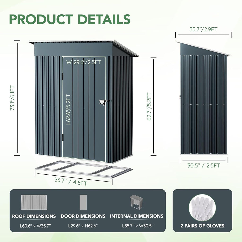 Breezz 5x3FT Vertical Outdoor Steel Storage Shed with Floor Frame, Lockable Doors, Compact Metal Tool Shed for Garden, Backyard, Patio, Utility, and Bike Storage