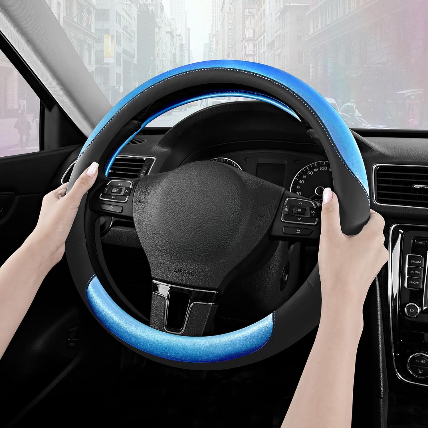 Road Comforts Steering Wheel Cover – Breathable Leather Steering Wheel Cover, Anti-Slip Grip, Universal Fit 14.5” to 15”, Heat & Cold Resistant for Cars, SUVs, and Trucks – Black & Dark Blue