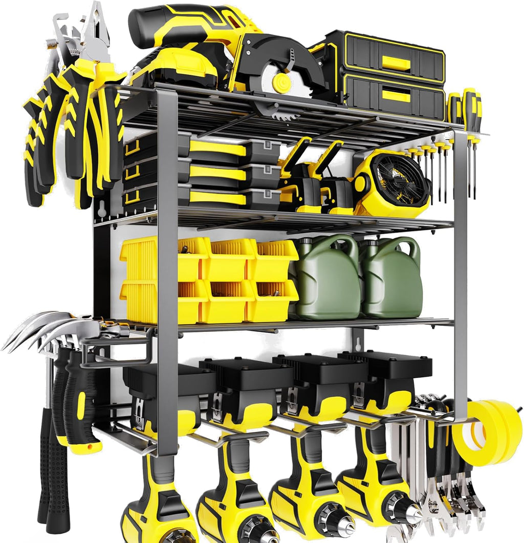 4 Layers Power Tool Organizer Wall Mount for Fathers Dad, 4 Cordless Drill Holder Garage Organization Heavy Duty Metal Loads 200LBS, Garage Shelving for Tool Storage, Tool rack for Men