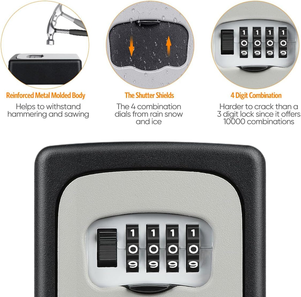Key Lock Box Wall Mounted, Fayleeko 4 Digit Combination Lockbox for Outside, House Keys - 5 Keys Capacity, Key Safe Security Storage Lock Box for Indoor, Outdoor, Garage, Garden, Store (Black, 4Pack)