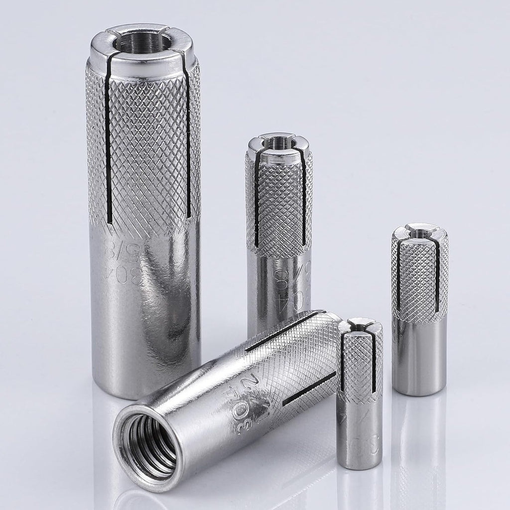 Wensilon(100 pcs) 1/4"-20 Premium Stainless Steel Drop in Anchors Assortment, Knurled Drop-in-Anchor for Solid Concrete, Internal Forced Expansion Screw Bolts