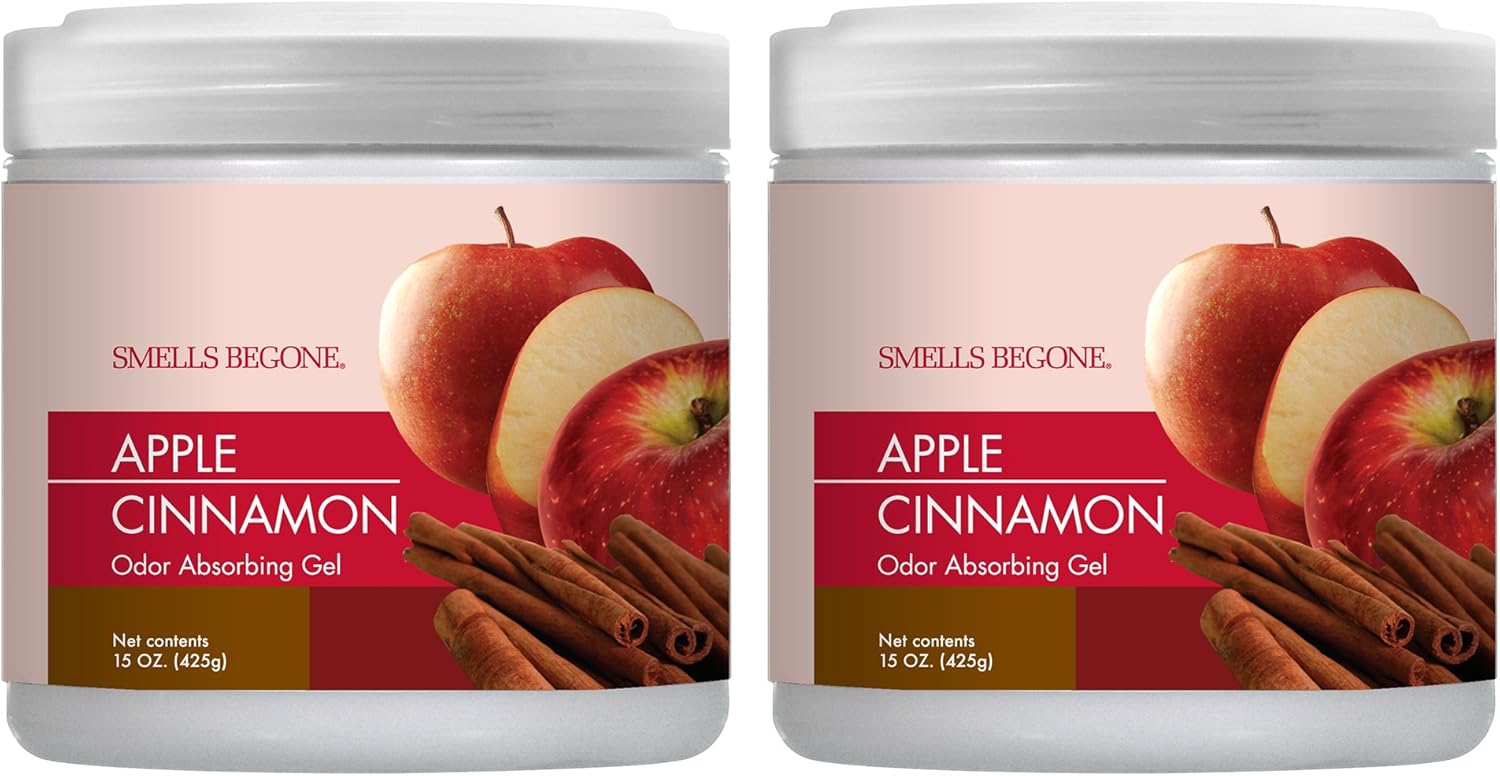 SMELLS BEGONE Air Freshener Odor Absorber Gel - 15 oz, Pack of 2 - Absorbs and Eliminates Odor in Pet Areas, Bathrooms, Cars, & Boats - Made with Essential Oils - Apple Cinnamon Scent