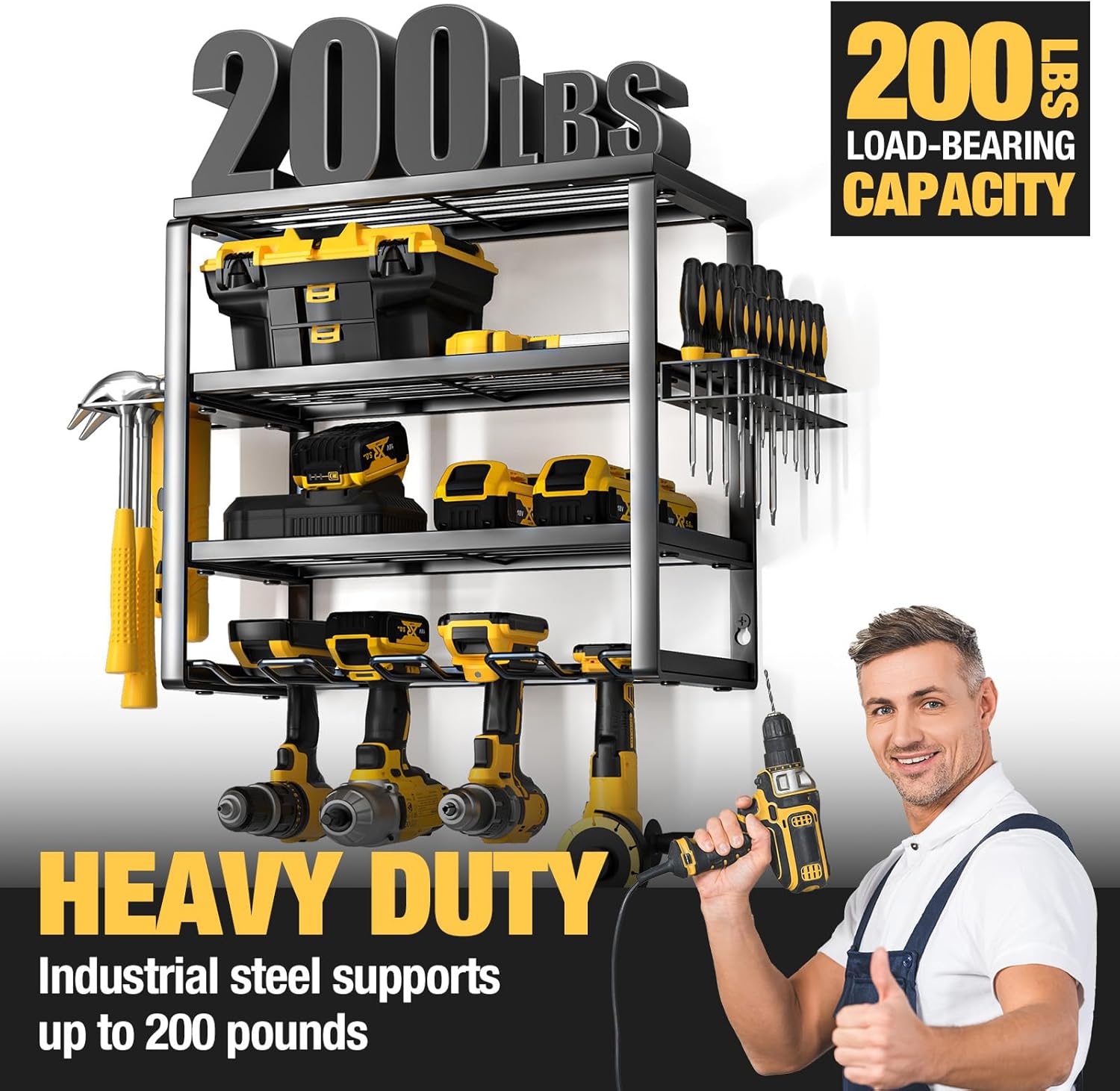 YYR 4 Layer Power Tool Organizer Wall Mount, Cordless Drill Hanger Storage Rack, Battery Tools Holder with Charging Station Shelf for Garage Organization, Workshop, Pegboard, Shed - 16 Inch 4 Slots