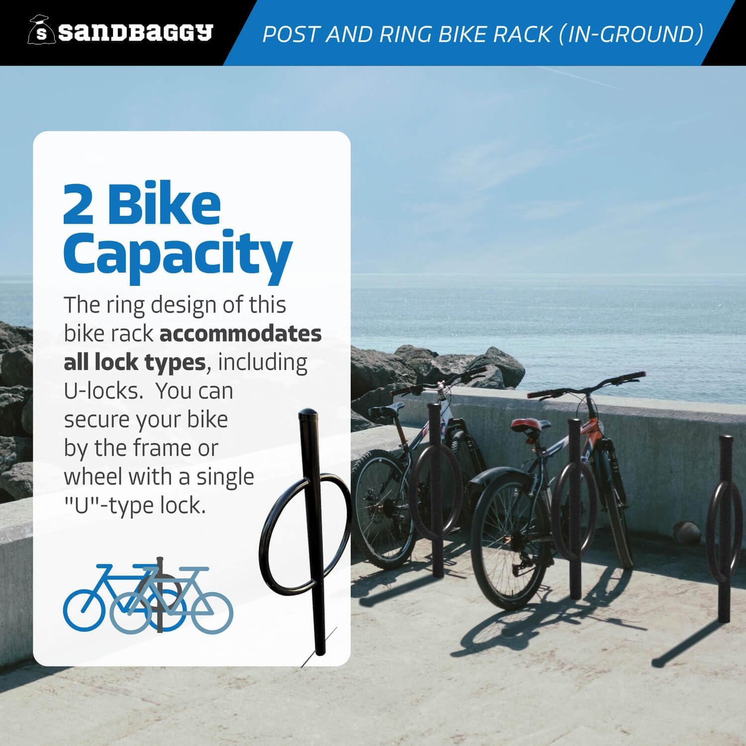 Sandbaggy Post and Ring Rack - In Ground - Commercial Outdoor Bike Parking & Storage Racks (Blue, 1)