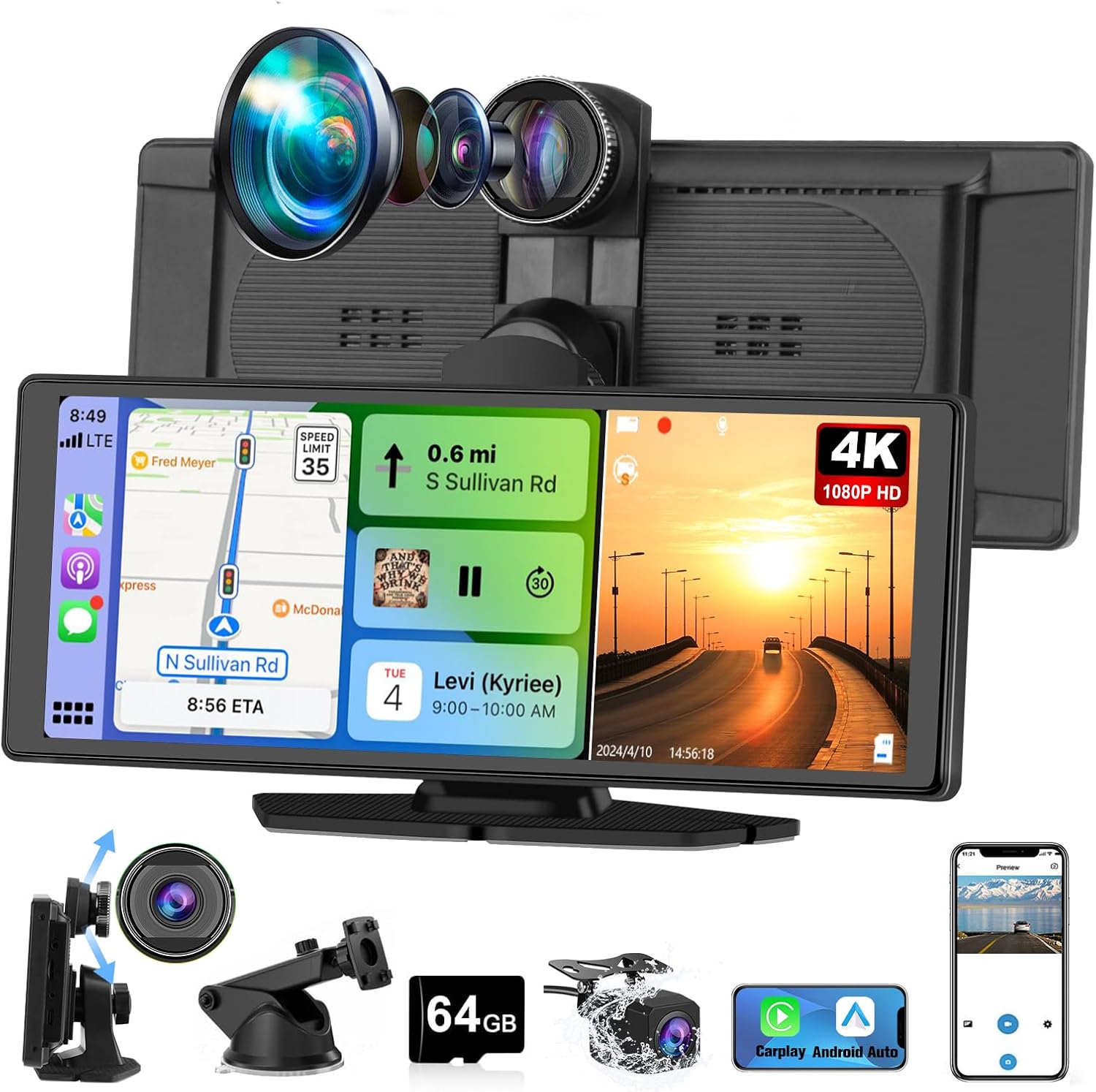 Portable Wireless CarPlay Screen for Car with 4K Dash Cam+1080P Backup Camera, 10.26”IPS Touchscreen Car Stereo, Supports CarPlay/Android Auto/Voice Control/GPS Navigation/Bluetooth/Mirror Link